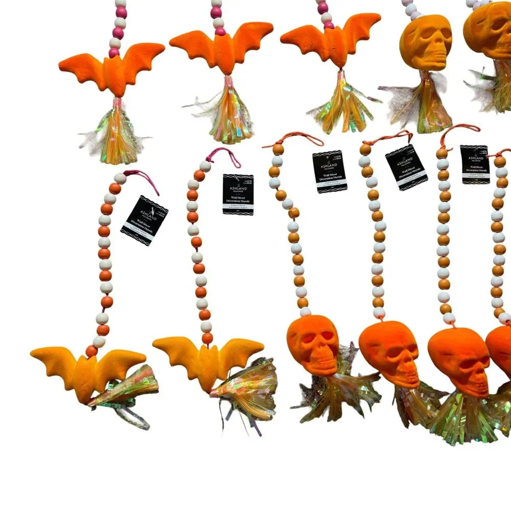 Ashland Halloween Decor Hanging Beads LOT of 17 Skulls Bats Flocked Orange NEW